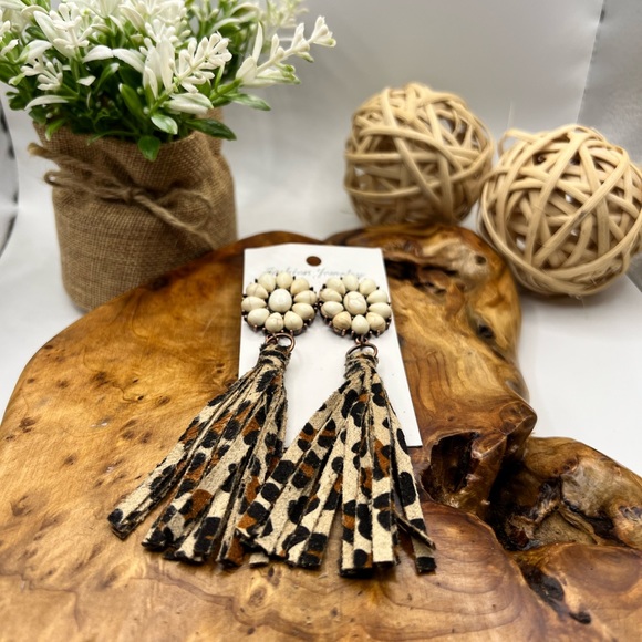 Jewelry - Leopard Leather Fringe Earrings NEW